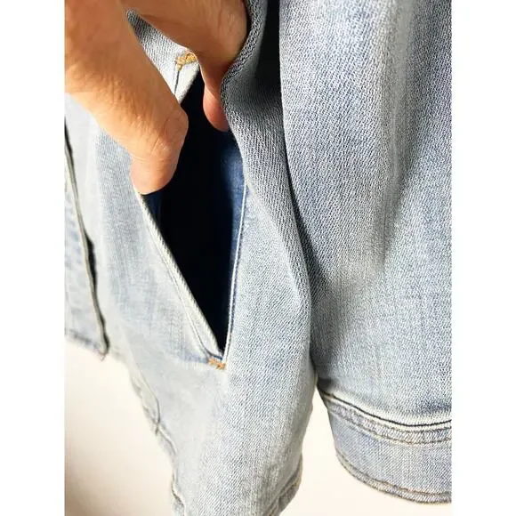 Chico's Womens Embroidered Floral Jean Jacket Shacket Stretch Welt/Chest Pockets